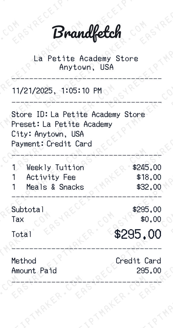 La Petite Academy receipt preview