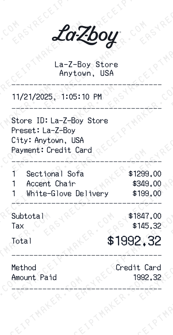 La-Z-Boy receipt preview