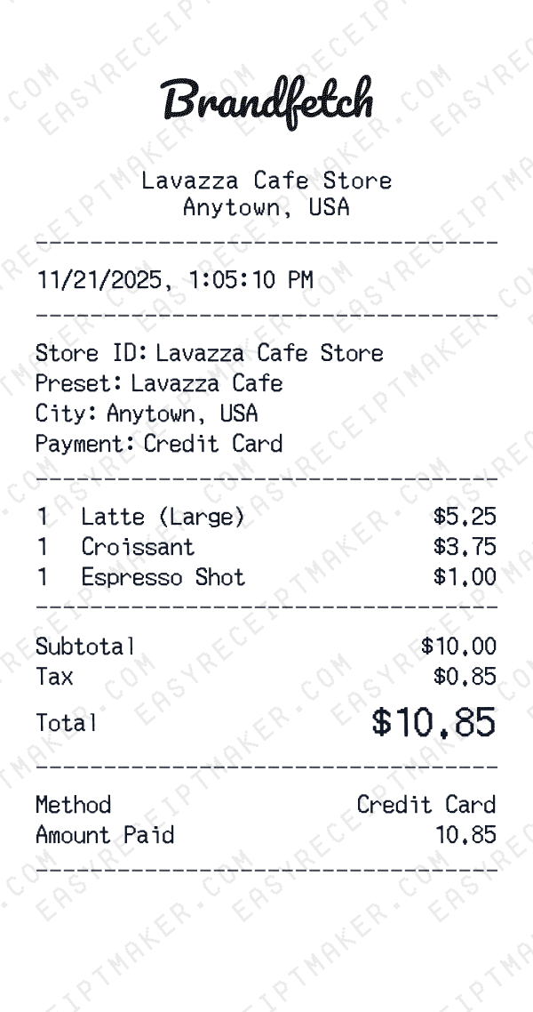 Lavazza Cafe receipt preview