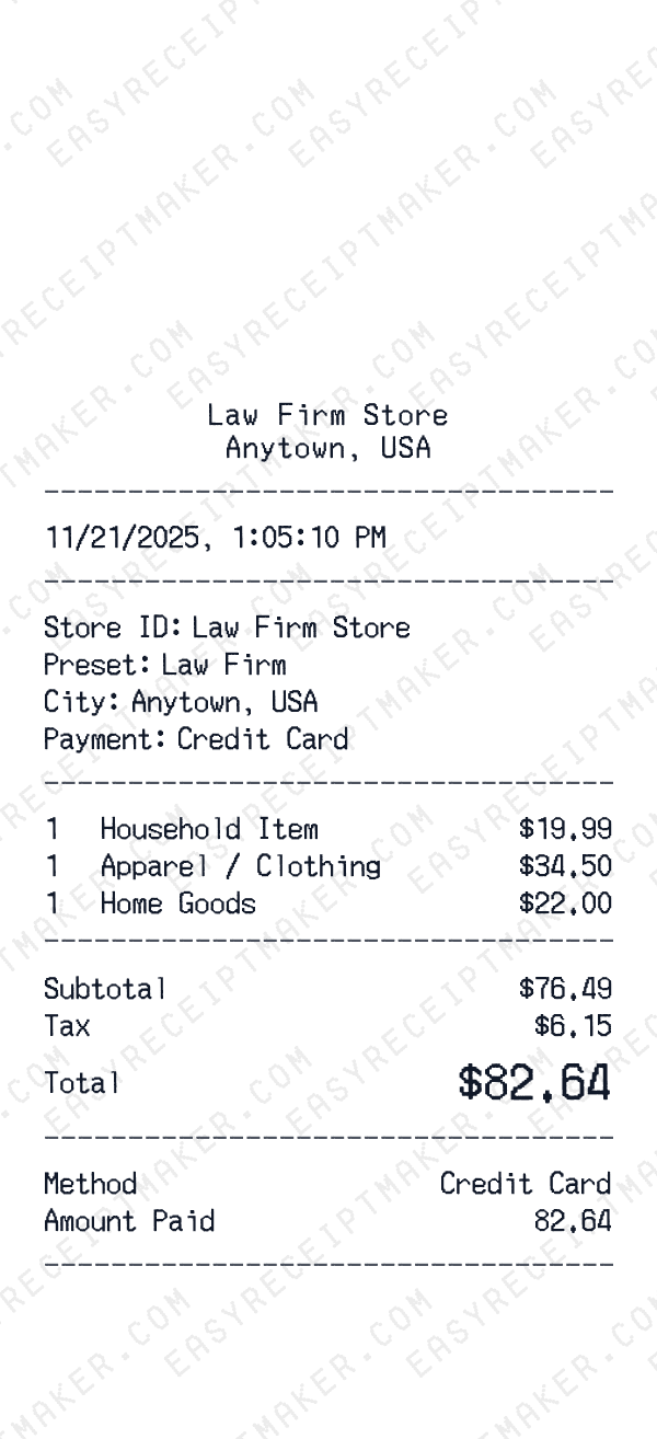 Law Firm receipt preview