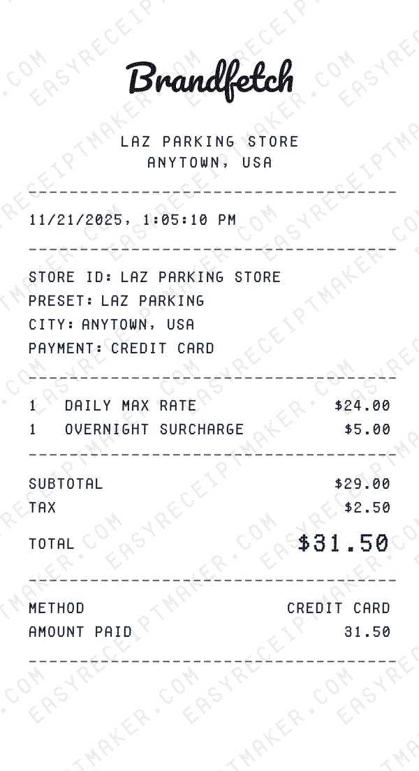 LAZ Parking receipt template