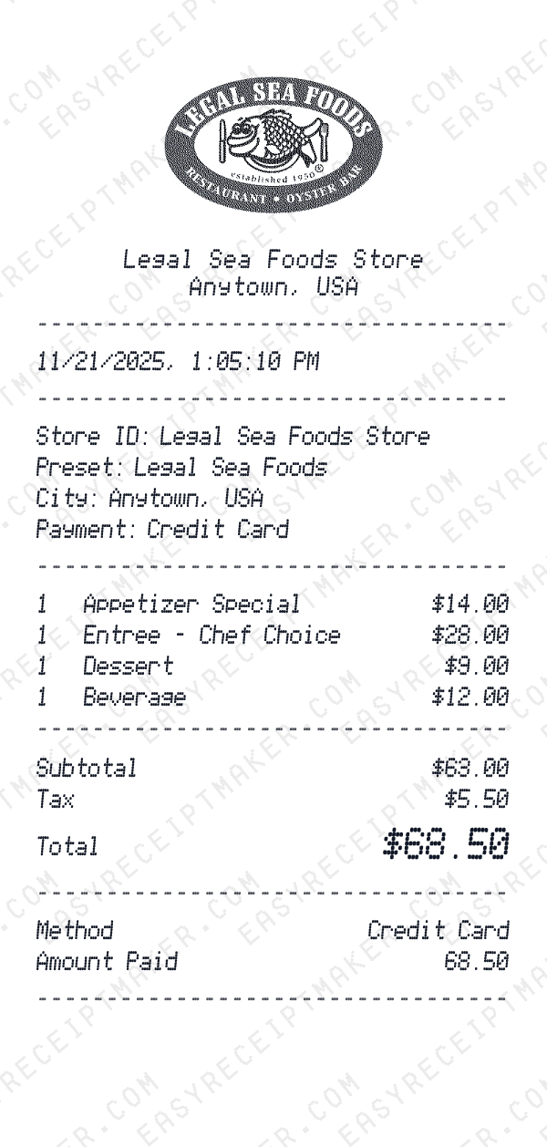 Legal Sea Foods receipt template