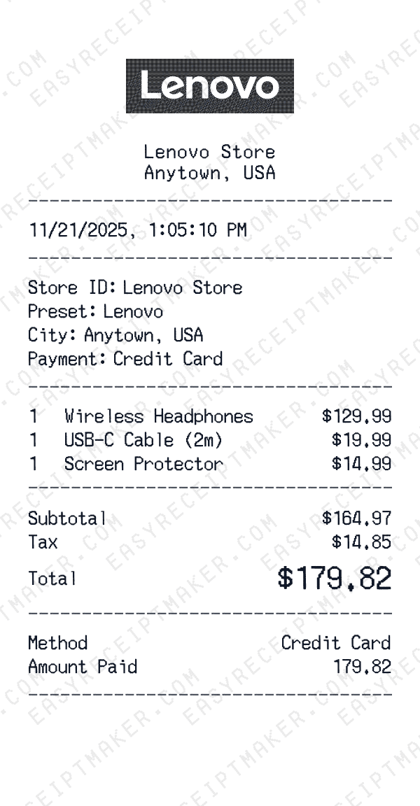 Lenovo receipt preview