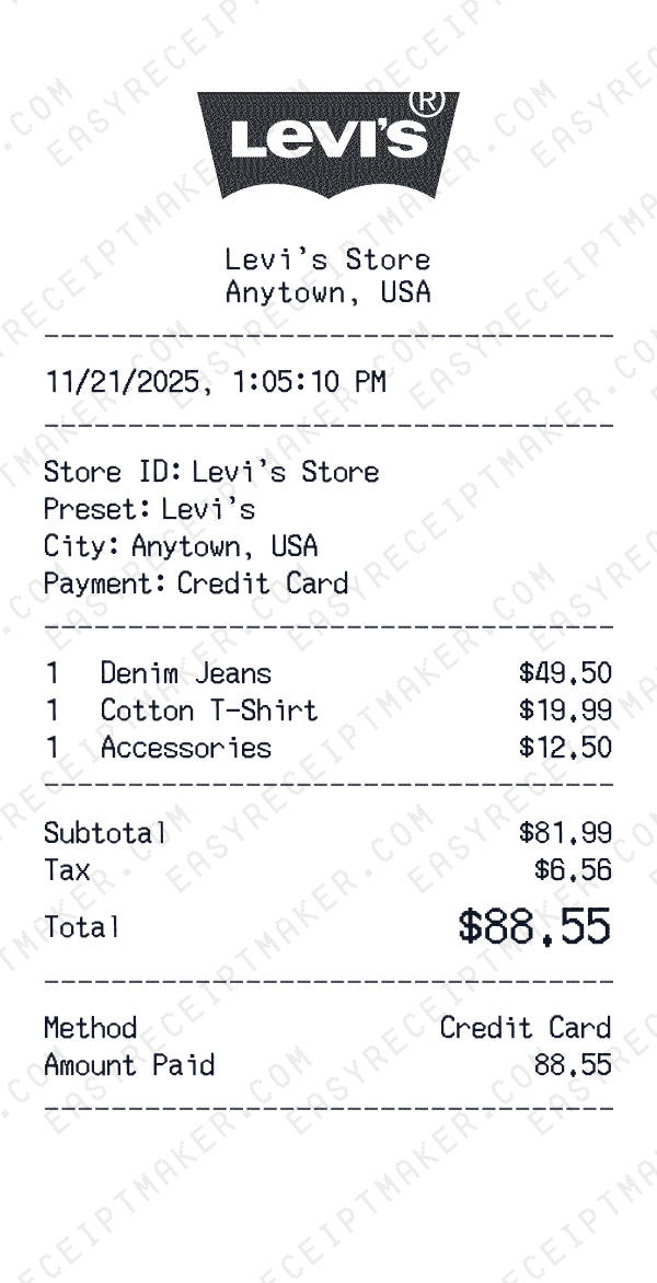 Levi's receipt preview