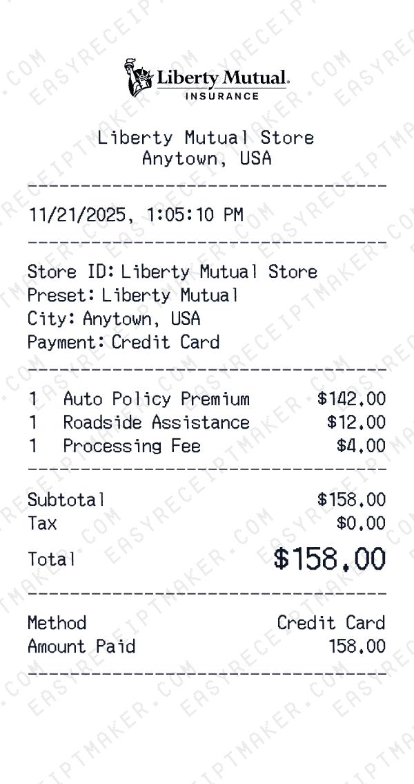 Liberty Mutual receipt preview