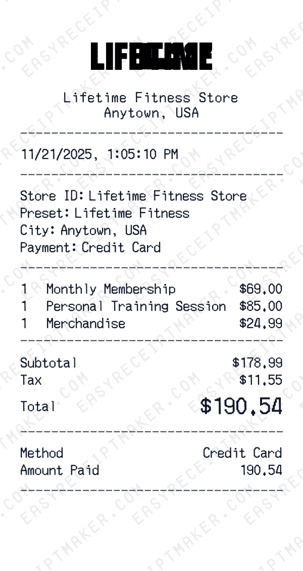Lifetime Fitness receipt preview