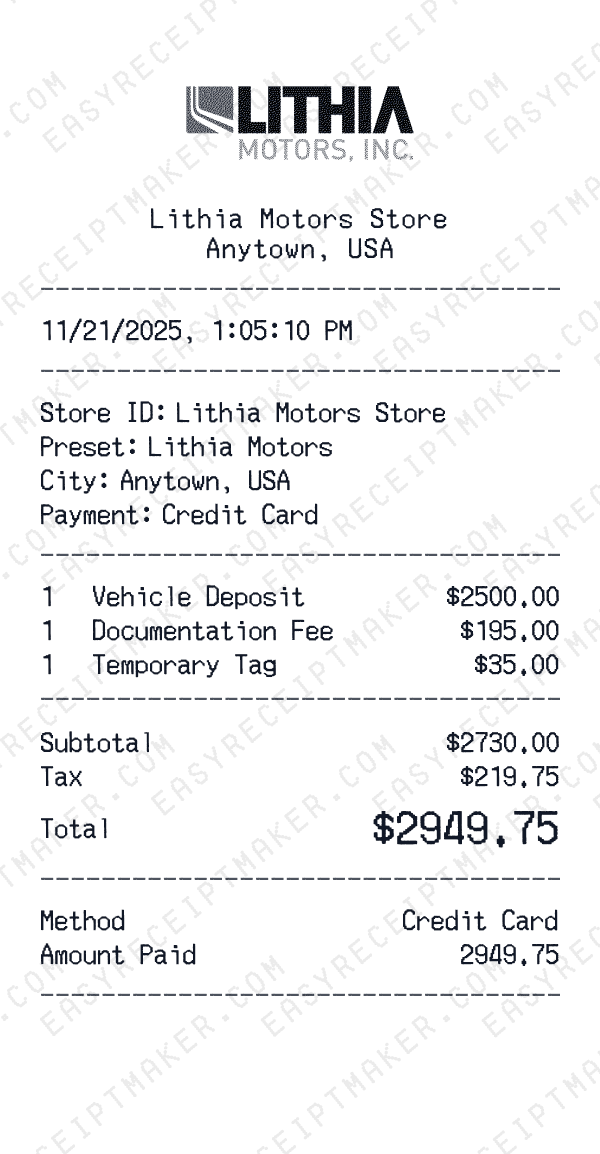 Lithia Motors receipt preview