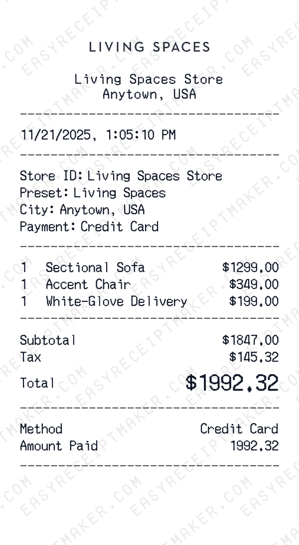 Living Spaces receipt preview
