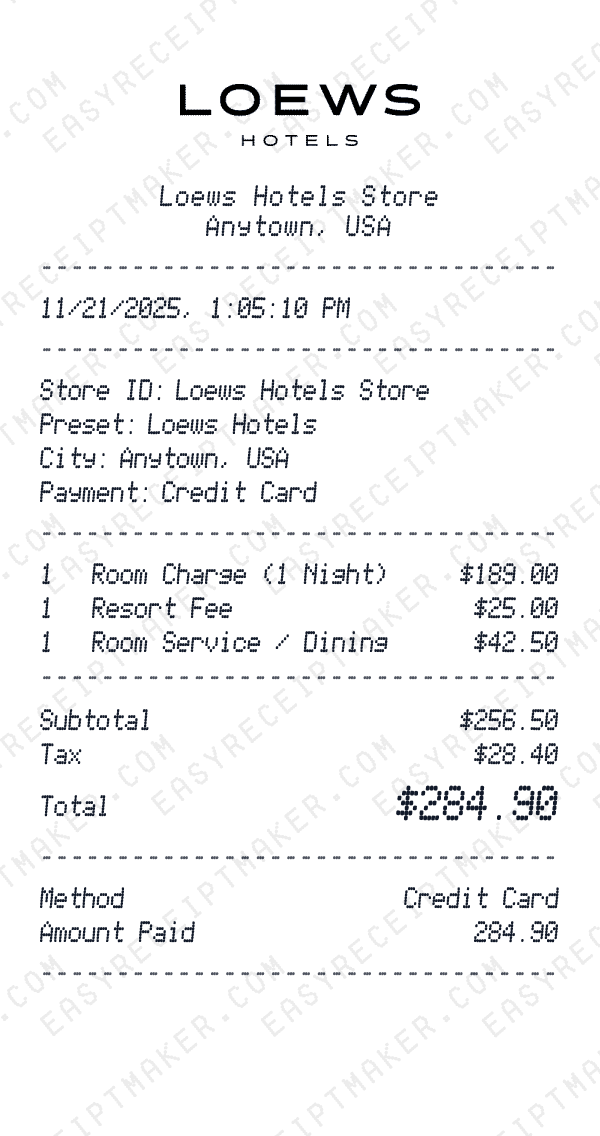 Loews Hotels receipt preview