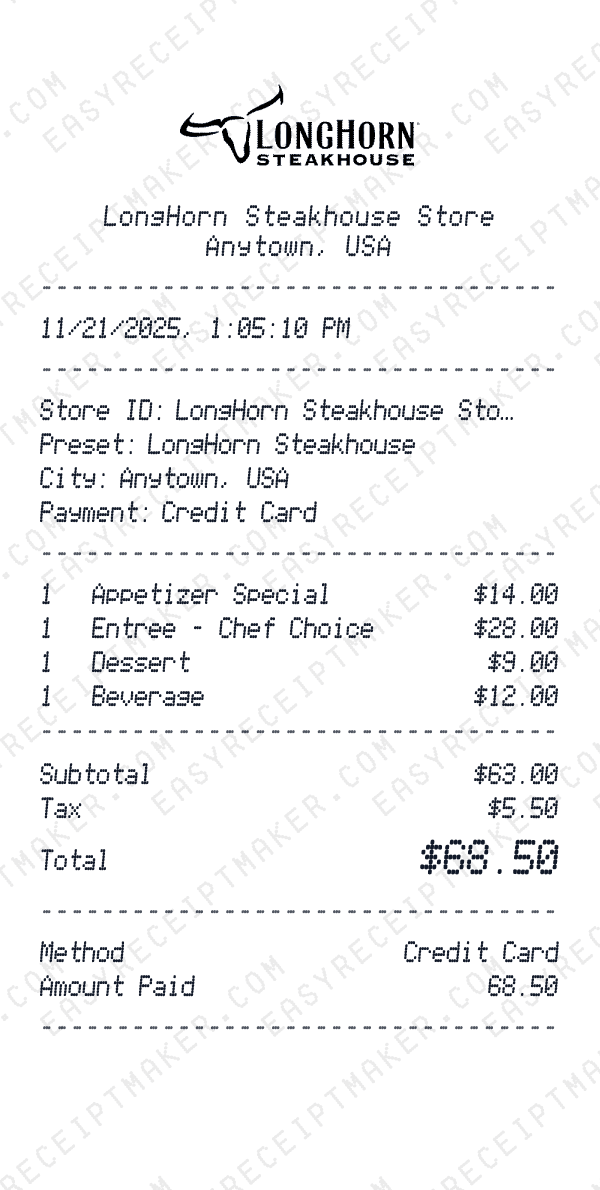 LongHorn Steakhouse receipt preview