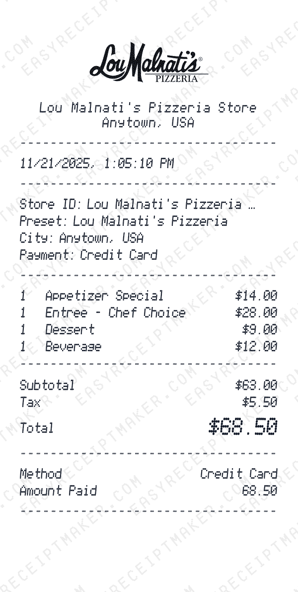 Lou Malnati's Pizzeria receipt preview