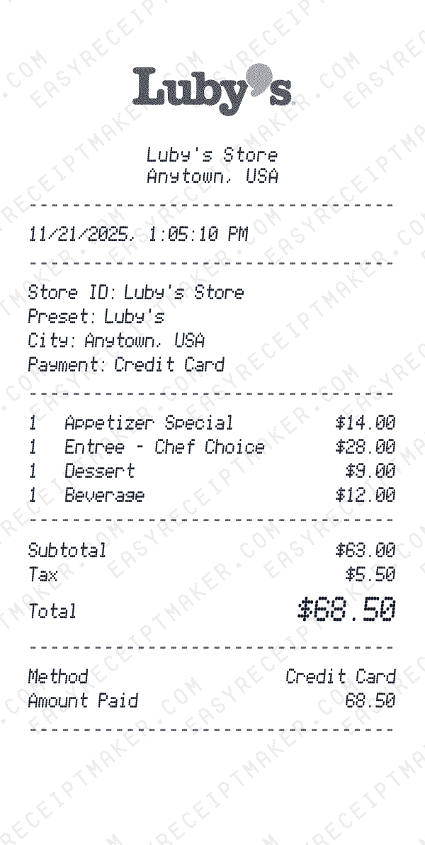Luby's receipt preview
