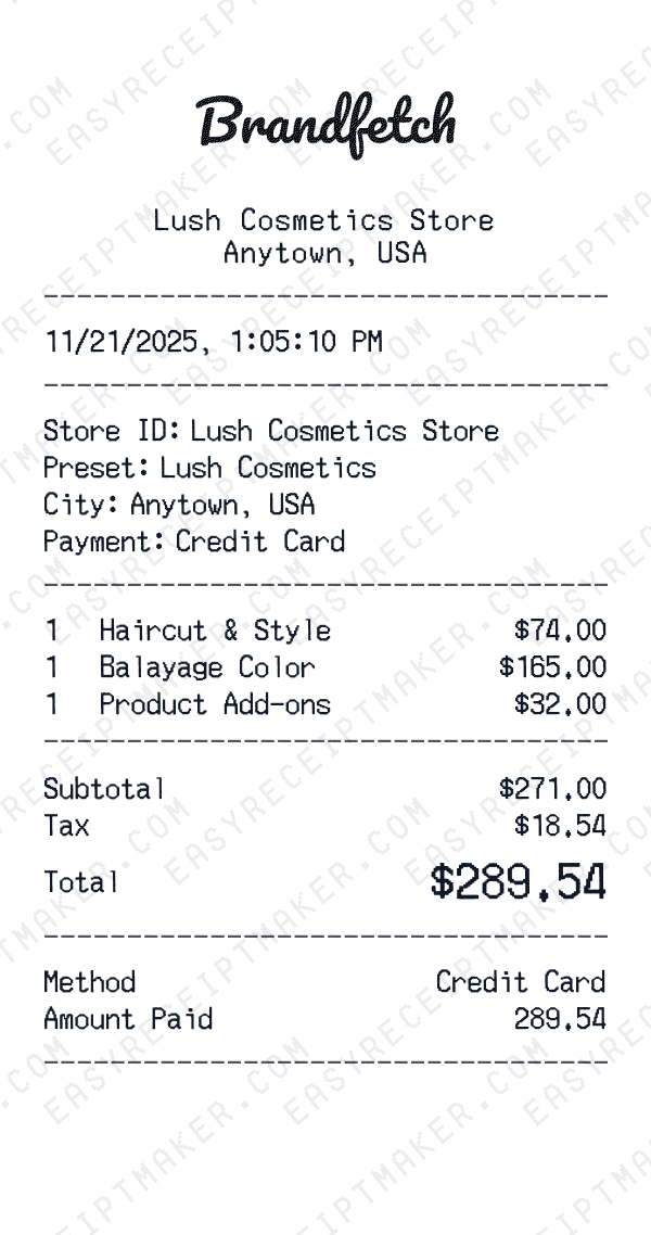 Lush Cosmetics receipt preview