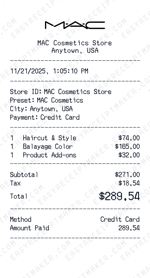 MAC Cosmetics receipt preview