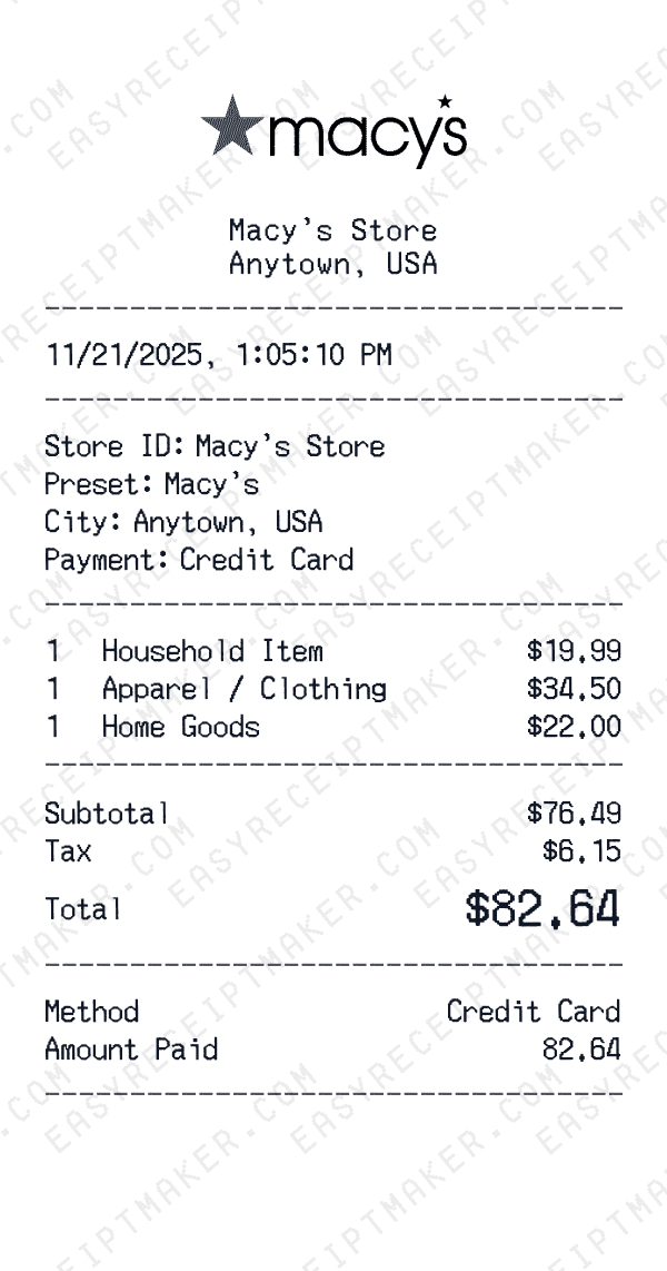 Macy's receipt preview