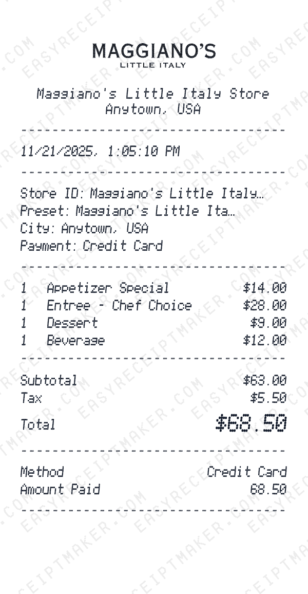 Maggiano's Little Italy receipt preview