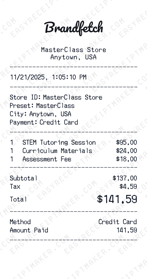 MasterClass receipt preview