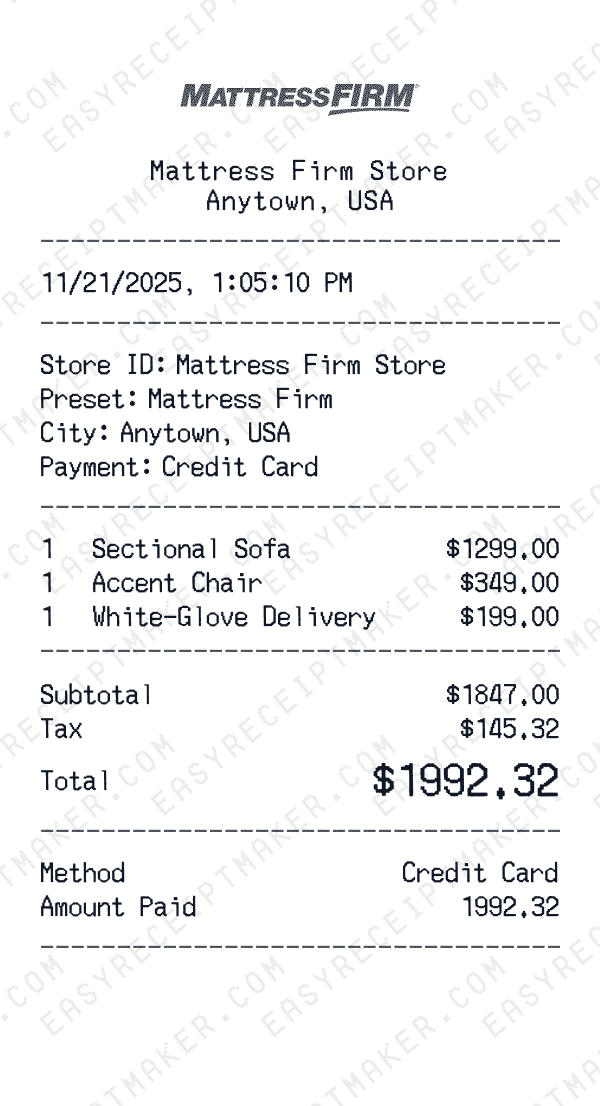 Mattress Firm receipt preview