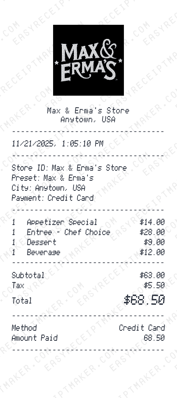Max & Erma's receipt preview
