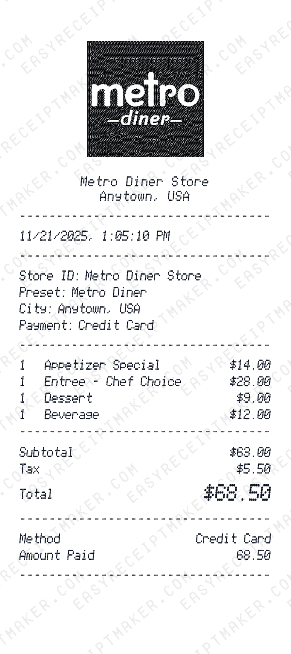 Metro Diner receipt preview