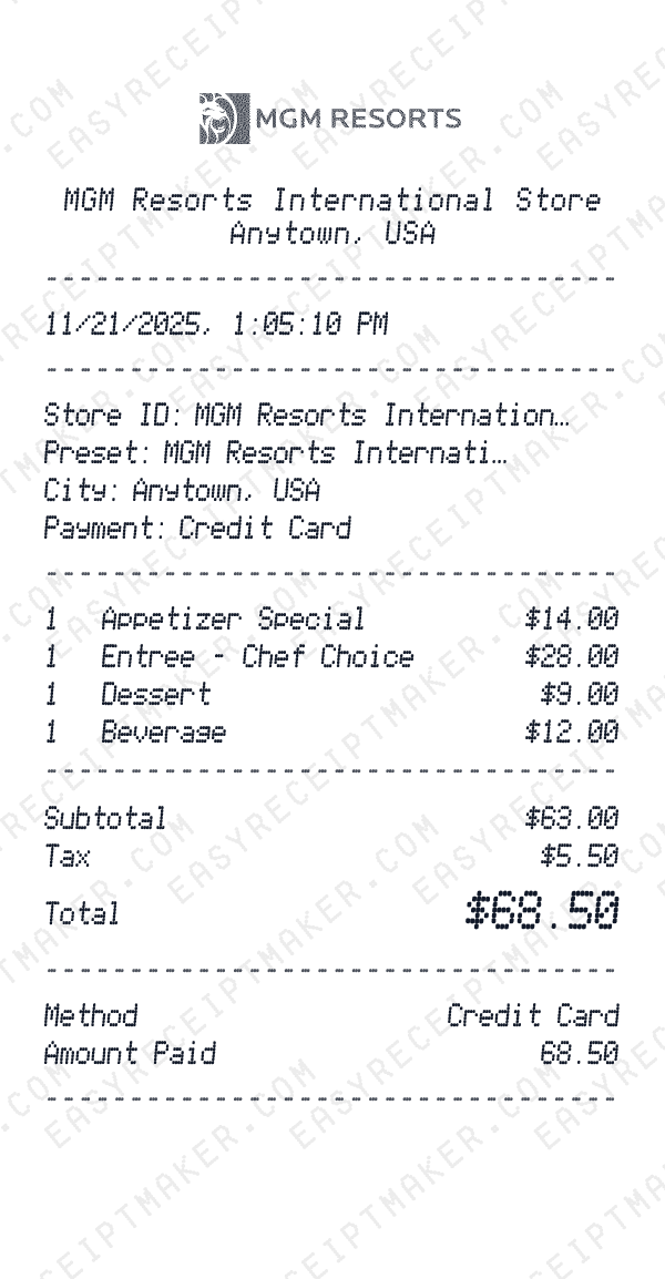 MGM Resorts International receipt preview