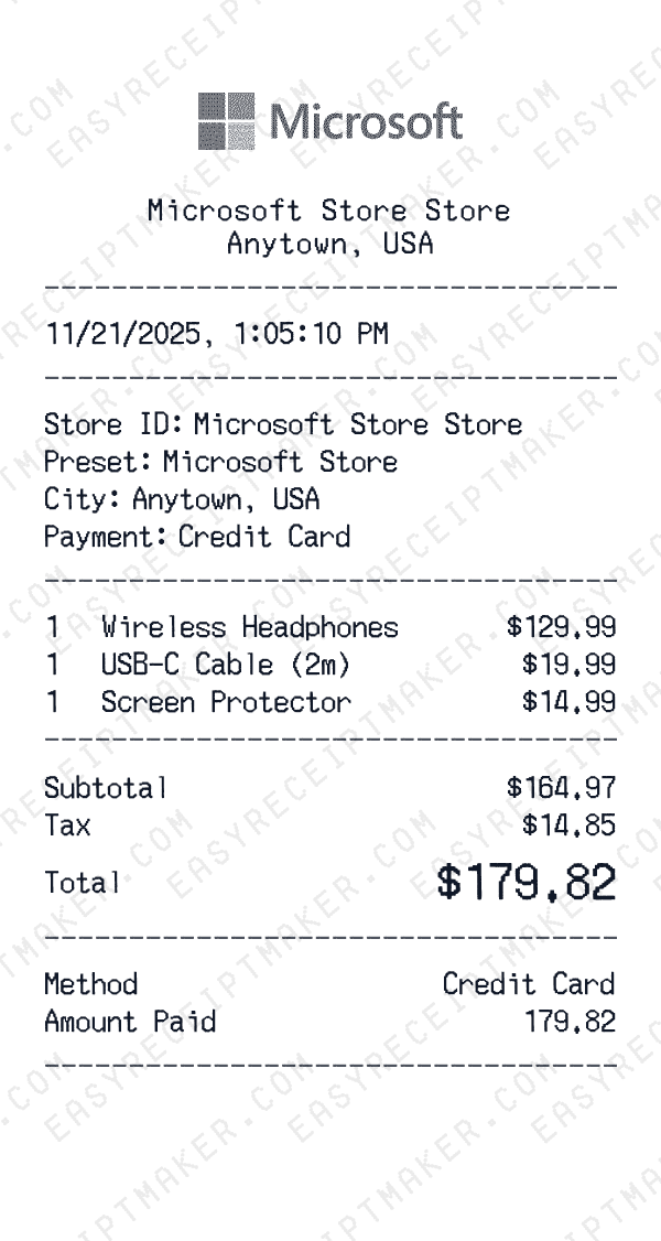 Microsoft Store receipt preview