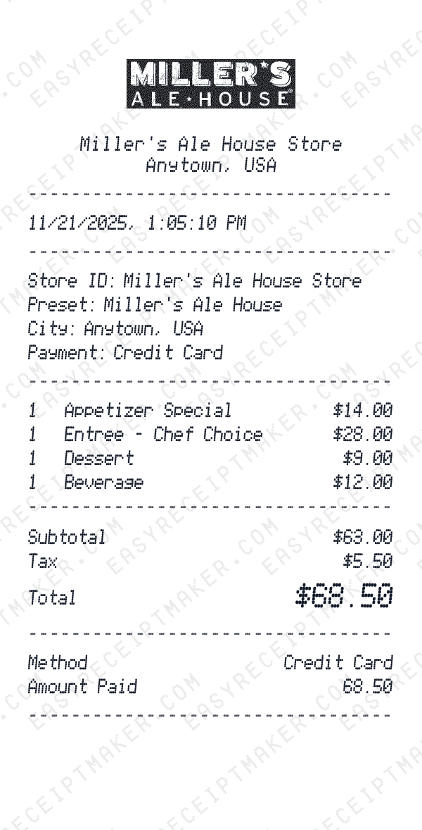 Miller's Ale House receipt preview