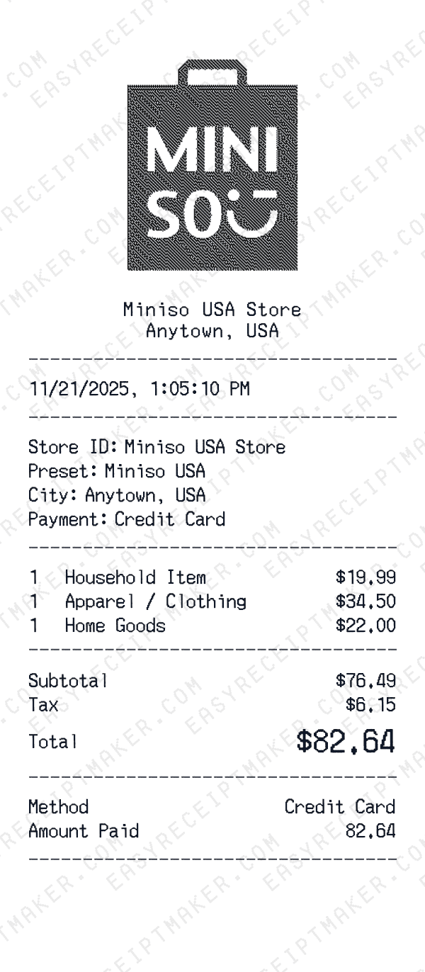 Miniso USA receipt preview