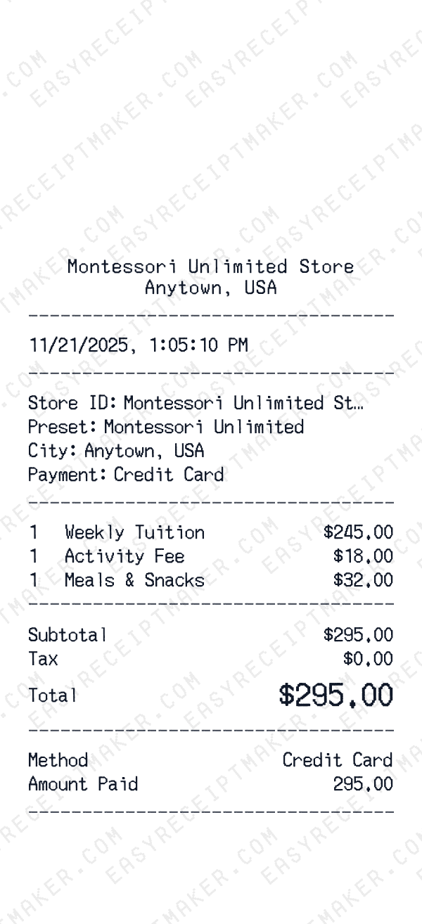 Montessori Unlimited receipt preview