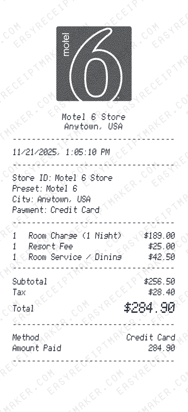 Motel 6 receipt preview