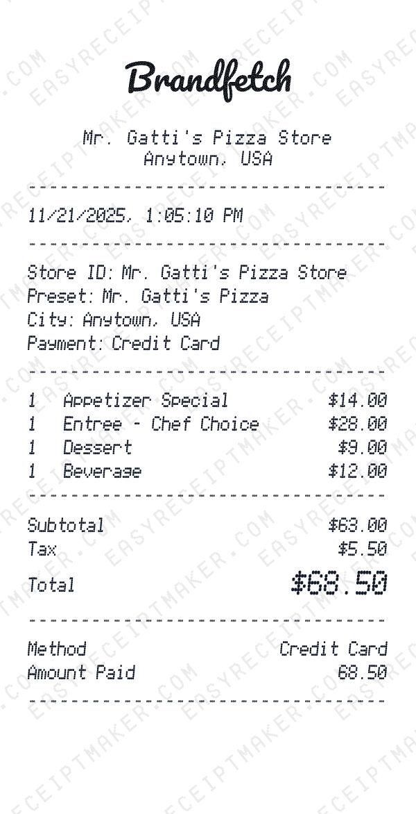 Mr. Gatti's Pizza receipt preview