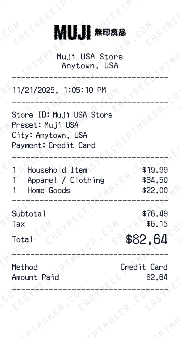 Muji USA receipt preview
