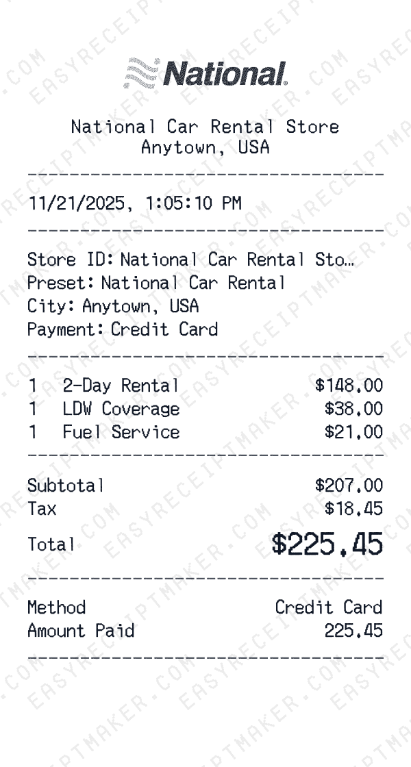 National Car Rental receipt preview
