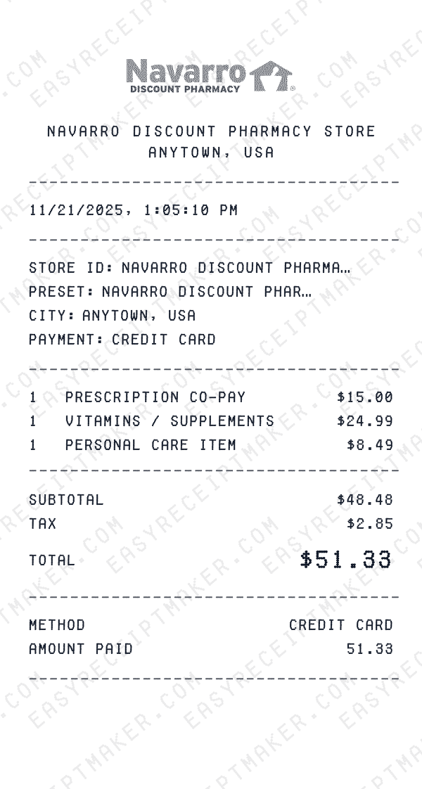 Navarro Discount Pharmacy receipt preview