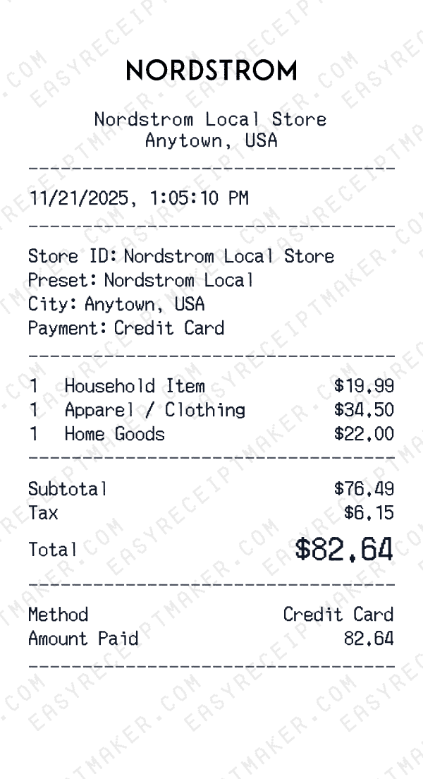 Nordstrom Local receipt preview