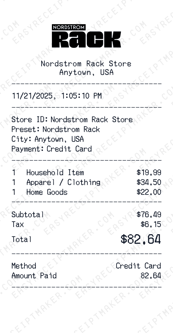 Nordstrom Rack receipt preview