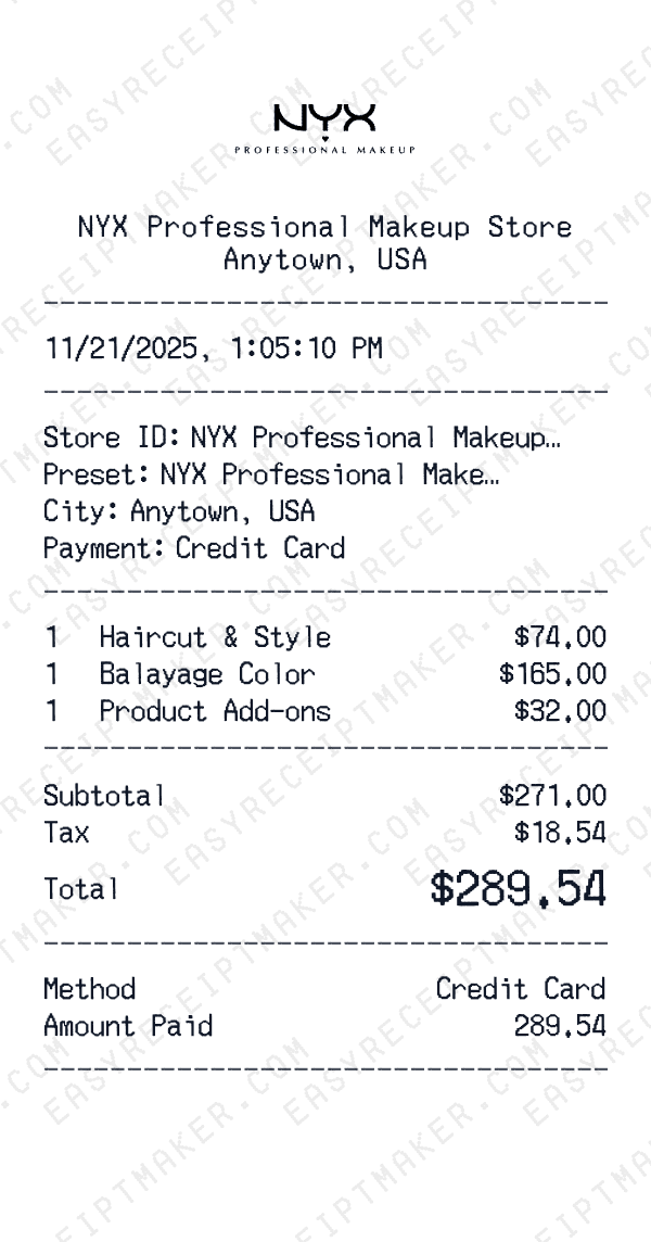 NYX Professional Makeup receipt preview