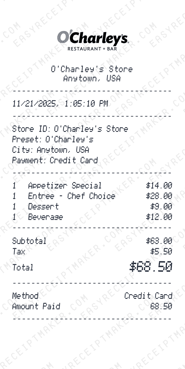 O'Charley's receipt preview