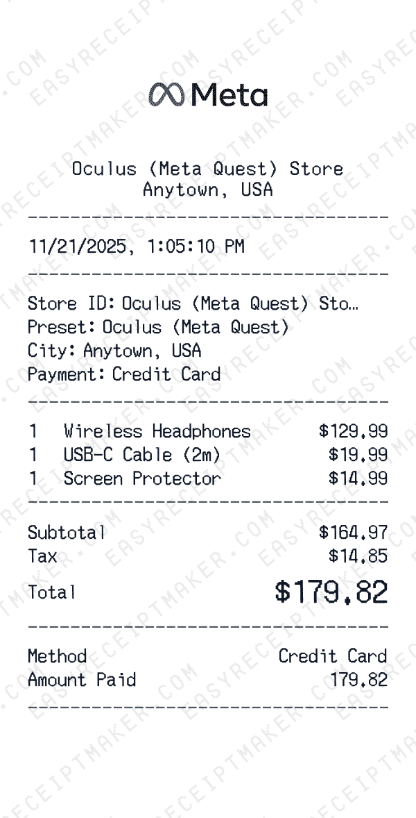 Oculus (Meta Quest) receipt preview