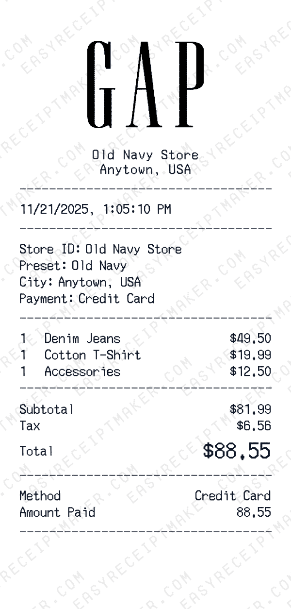 Old Navy receipt preview