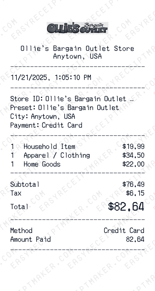 Ollie's Bargain Outlet receipt preview