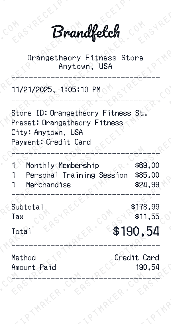Orangetheory Fitness receipt preview