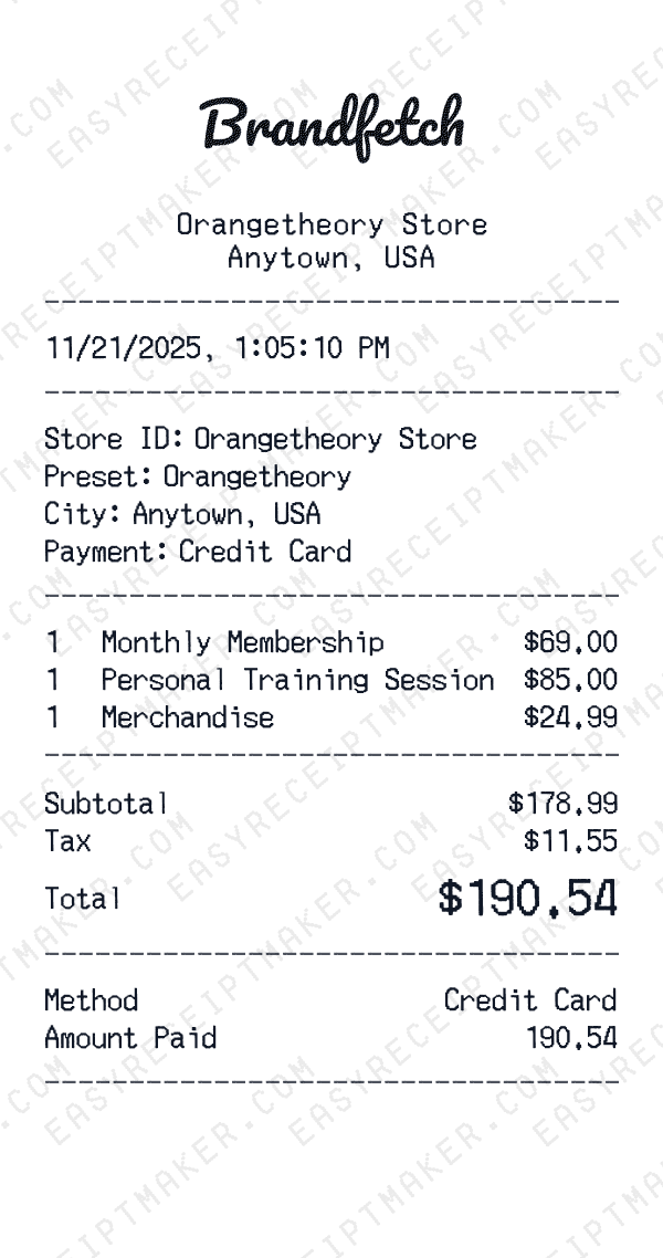 Orangetheory receipt preview