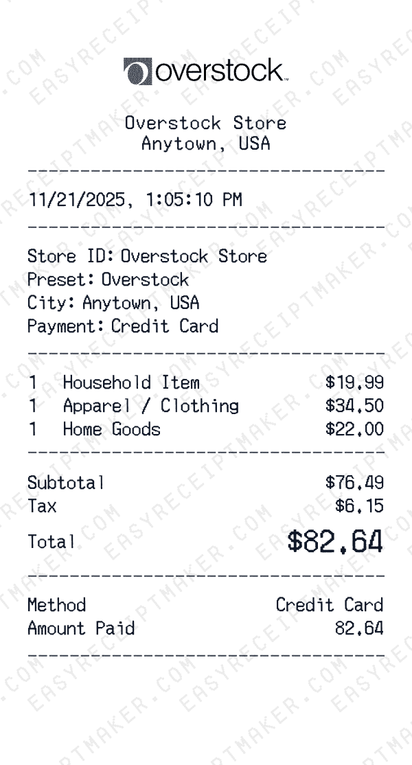 Overstock receipt preview