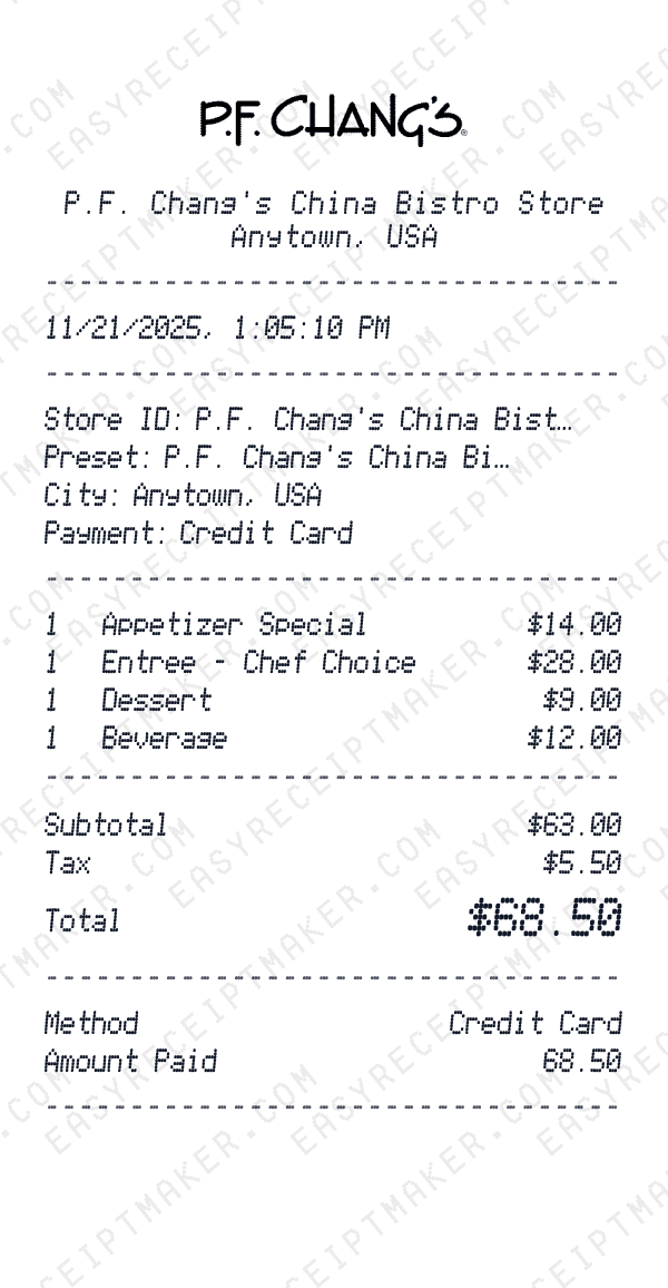 P.F. Chang's China Bistro receipt preview