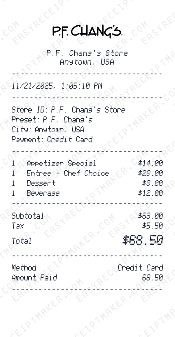 P.F. Chang's receipt preview