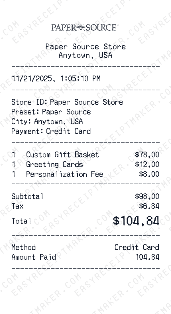 Paper Source receipt preview