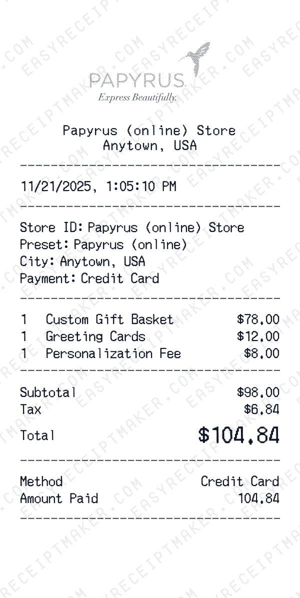Papyrus (online) receipt preview