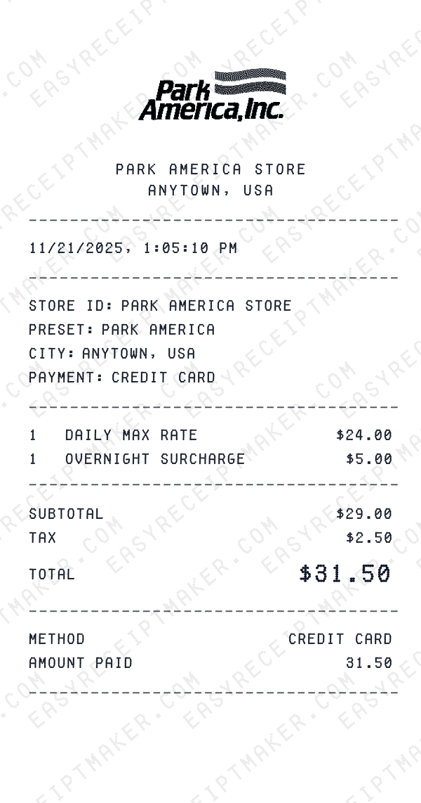 Park America receipt template
