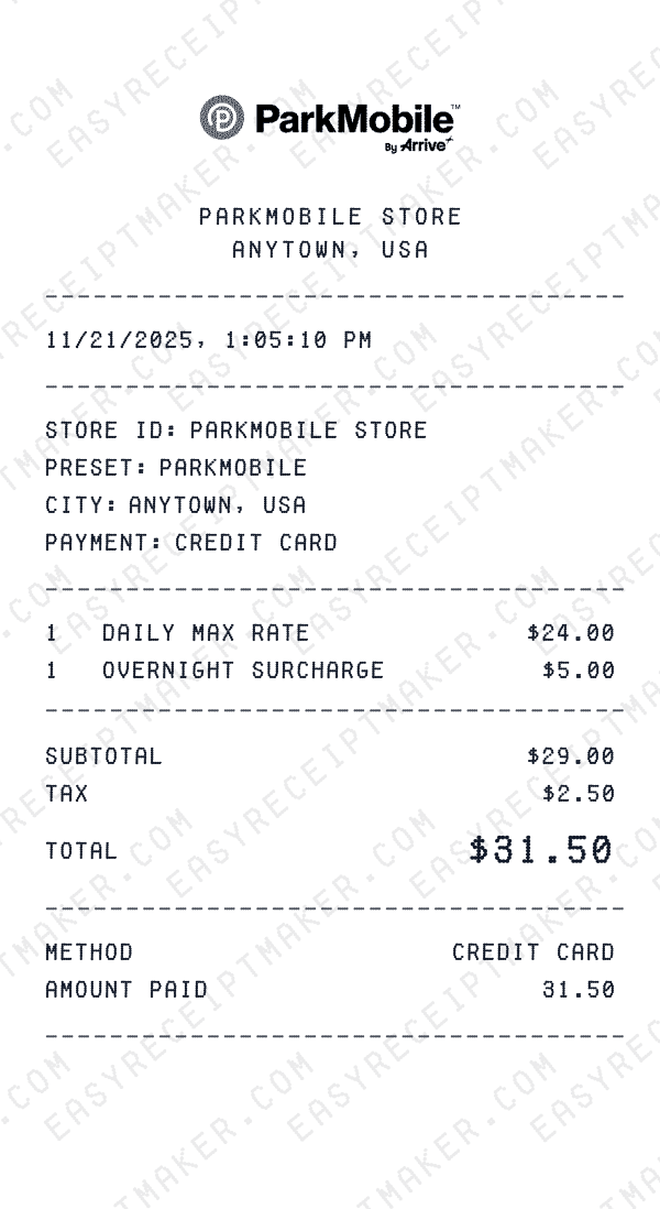 ParkMobile receipt template